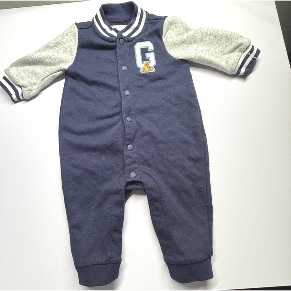Baby Gap Other - Baby Gap Varsity Romper Navy Blue Gray Bear Patch Snap Front 3-6 Months